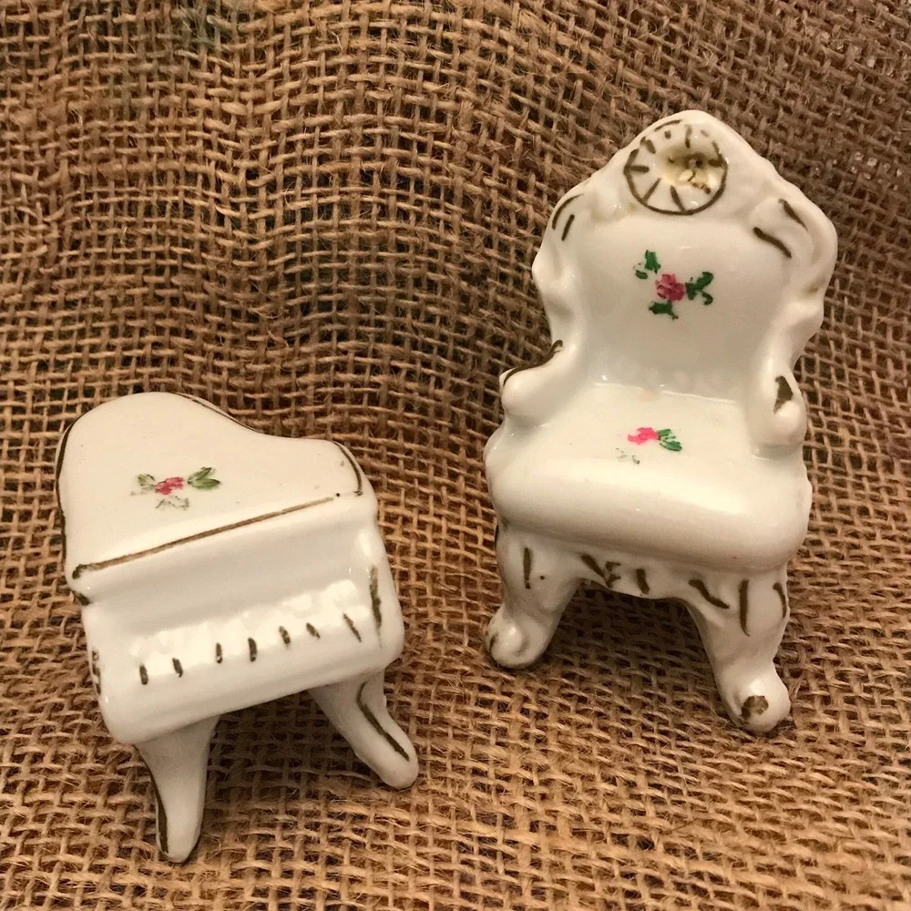 Vintage 1940s Dollhouse Furniture: Handpainted Porcelain Piano, Chair Miniatures